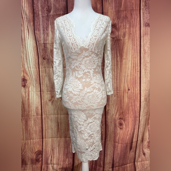 Kimcine off white nude lined 3/4 sleeve V-neck fitted stretch dress women’s S - Picture 3 of 17